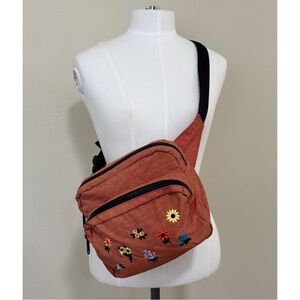 BAGGU Rust Crossbody Bag with Multicolored Embroidered Flowers